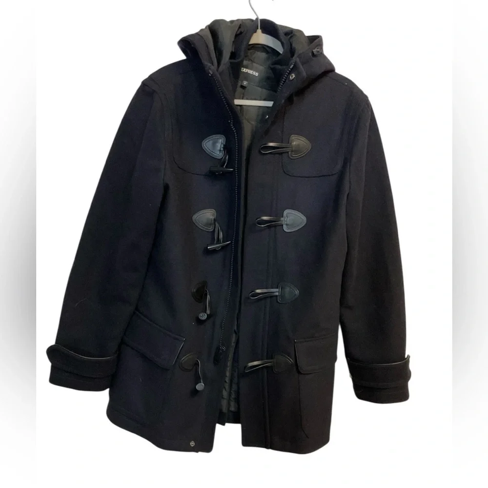 Express Men’s Black Wool Blend Toggle Hooded Coat Size S - Picture 2 of 11